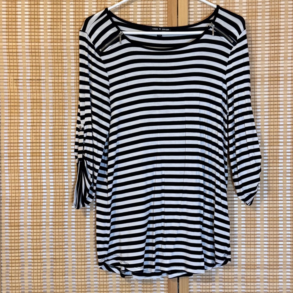 Cable & Gauge Womens Black White Striped 3/4 Roll Tab Sleeve Zipper Top Large